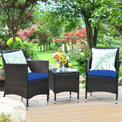 3 Piece Outdoor Wicker Rattan Set, 2 Cradle Seat Chairs Rated 355 lb with Navy Cushions and Tempered Glass Coffee Table