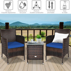3 Piece Outdoor Wicker Rattan Set, 2 Cradle Seat Chairs Rated 355 lb with Navy Cushions and Tempered Glass Coffee Table