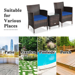 3 Piece Outdoor Wicker Rattan Set, 2 Cradle Seat Chairs Rated 355 lb with Navy Cushions and Tempered Glass Coffee Table