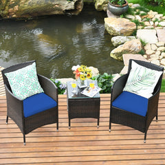 3 Piece Outdoor Wicker Rattan Set, 2 Cradle Seat Chairs Rated 355 lb with Navy Cushions and Tempered Glass Coffee Table