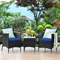 3 Piece Outdoor Wicker Rattan Set, 2 Cradle Seat Chairs Rated 355 lb with Navy Cushions and Tempered Glass Coffee Table
