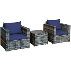 3 Piece Patio Rattan Sofa Set, 2 Grey Wicker Sofas Rated 400 lb with Navy Cushions and 20 in Tempered Glass Coffee Table