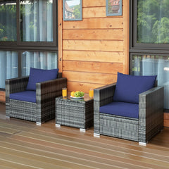 3 Piece Patio Rattan Sofa Set, 2 Grey Wicker Sofas Rated 400 lb with Navy Cushions and 20 in Tempered Glass Coffee Table