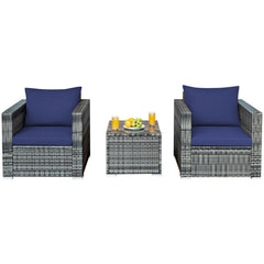 3 Piece Patio Rattan Sofa Set, 2 Grey Wicker Sofas Rated 400 lb with Navy Cushions and 20 in Tempered Glass Coffee Table