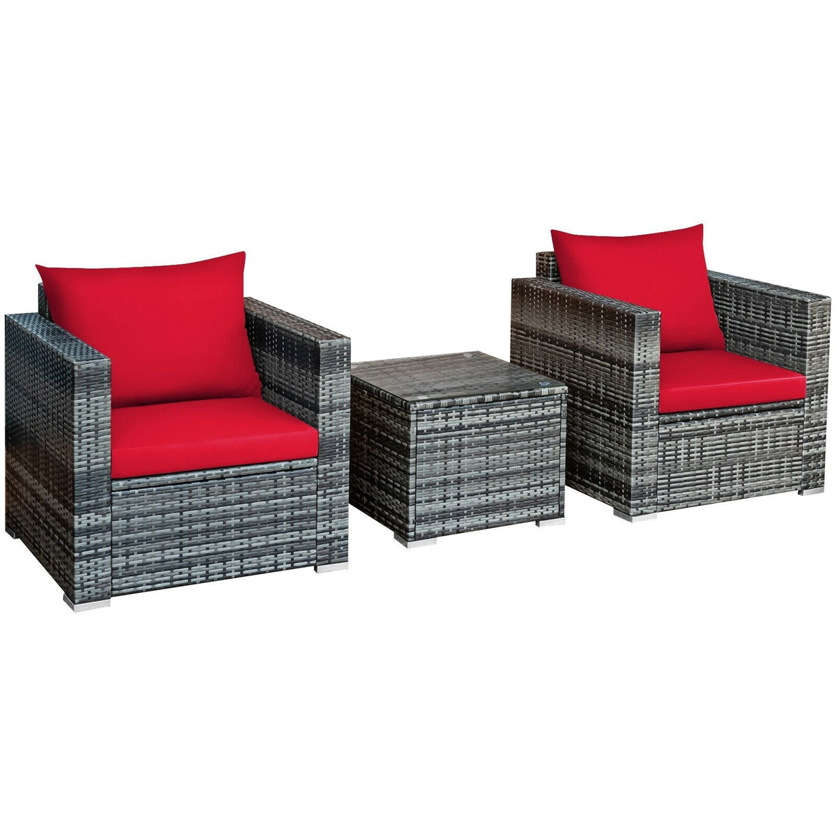 3 Piece Patio Rattan Sofa Set, 2 Grey Wicker Sofas Rated 400 lb with Red Cushions and 20 in Tempered Glass Coffee Table