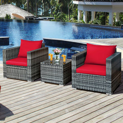 3 Piece Patio Rattan Sofa Set, 2 Grey Wicker Sofas Rated 400 lb with Red Cushions and 20 in Tempered Glass Coffee Table
