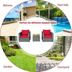3 Piece Patio Rattan Sofa Set, 2 Grey Wicker Sofas Rated 400 lb with Red Cushions and 20 in Tempered Glass Coffee Table