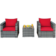 3 Piece Patio Rattan Sofa Set, 2 Grey Wicker Sofas Rated 400 lb with Red Cushions and 20 in Tempered Glass Coffee Table