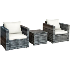 3 Piece Patio Rattan Sofa Set, 2 Grey Wicker Sofas Rated 400 lb with White Cushions and 20 in Tempered Glass Coffee Table