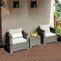 3 Piece Patio Rattan Sofa Set, 2 Grey Wicker Sofas Rated 400 lb with White Cushions and 20 in Tempered Glass Coffee Table