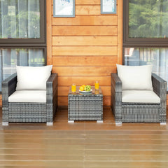 3 Piece Patio Rattan Sofa Set, 2 Grey Wicker Sofas Rated 400 lb with White Cushions and 20 in Tempered Glass Coffee Table
