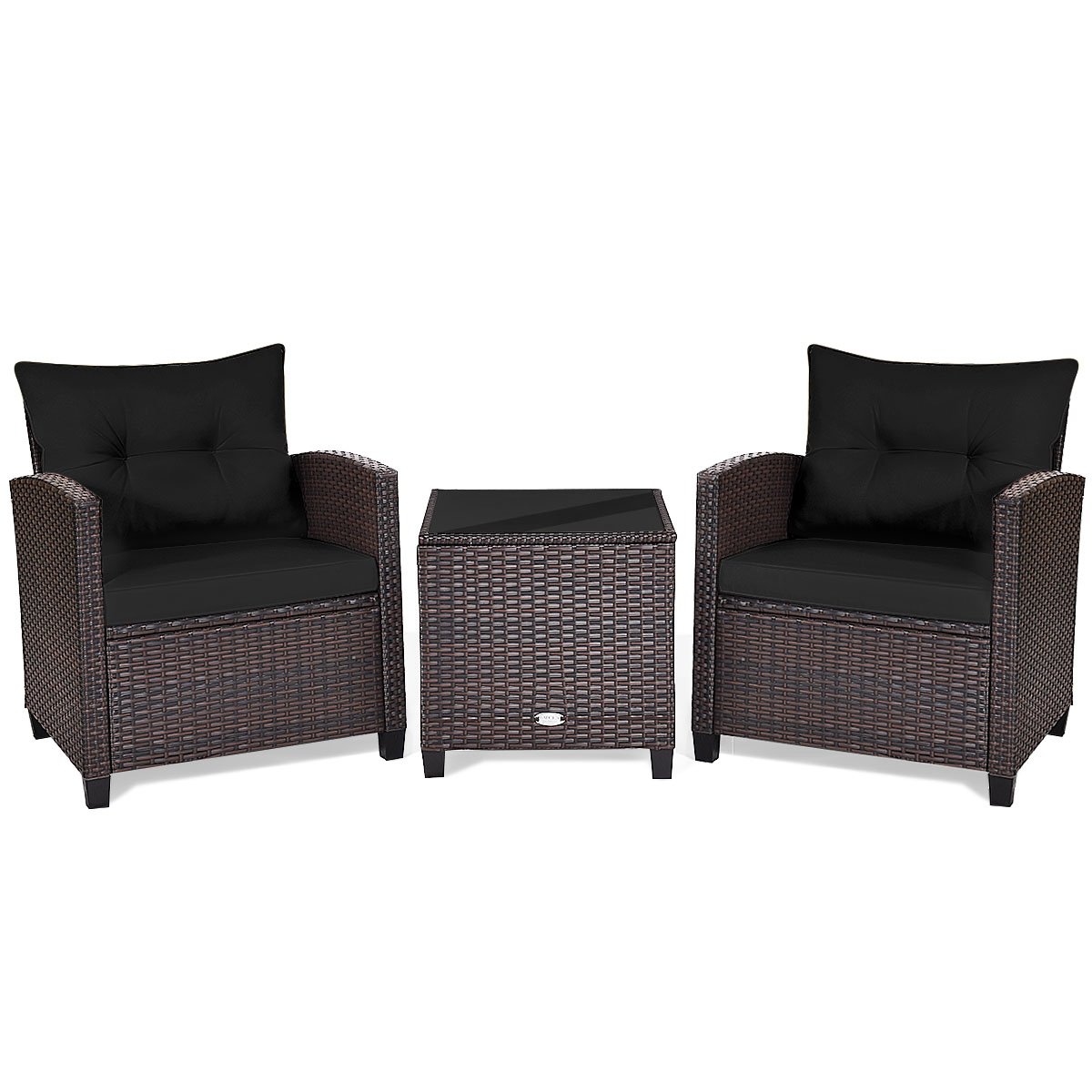 3 Piece Patio Rattan Conversation Set, 2 Wicker Sofas Rated 360 lb with Black Cushions, 21.5 in Seat Height and Glass Top Table
