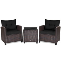 3 Piece Patio Rattan Conversation Set, 2 Wicker Sofas Rated 360 lb with Black Cushions, 21.5 in Seat Height and Glass Top Table