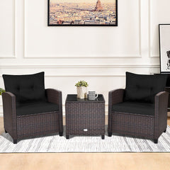 3 Piece Patio Rattan Conversation Set, 2 Wicker Sofas Rated 360 lb with Black Cushions, 21.5 in Seat Height and Glass Top Table