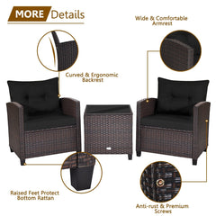 3 Piece Patio Rattan Conversation Set, 2 Wicker Sofas Rated 360 lb with Black Cushions, 21.5 in Seat Height and Glass Top Table