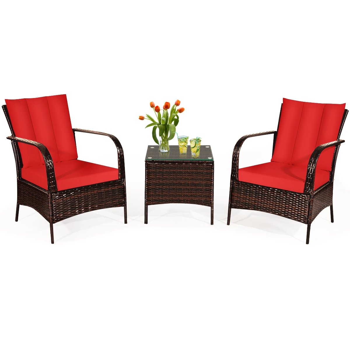 3 Piece Patio Rattan Conversation Set, 2 Chairs Rated Around 360 lb with Rattan Wrapped Armrests, Red Cushions and Glass Top Table