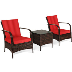 3 Piece Patio Rattan Conversation Set, 2 Chairs Rated Around 360 lb with Rattan Wrapped Armrests, Red Cushions and Glass Top Table