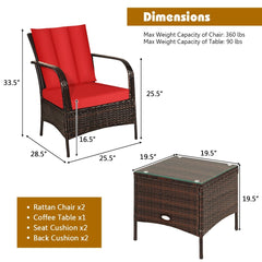 3 Piece Patio Rattan Conversation Set, 2 Chairs Rated Around 360 lb with Rattan Wrapped Armrests, Red Cushions and Glass Top Table