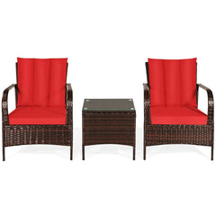 3 Piece Patio Rattan Conversation Set, 2 Chairs Rated Around 360 lb with Rattan Wrapped Armrests, Red Cushions and Glass Top Table