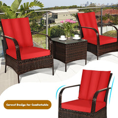 3 Piece Patio Rattan Conversation Set, 2 Chairs Rated Around 360 lb with Rattan Wrapped Armrests, Red Cushions and Glass Top Table