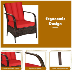 3 Piece Patio Rattan Conversation Set, 2 Chairs Rated Around 360 lb with Rattan Wrapped Armrests, Red Cushions and Glass Top Table
