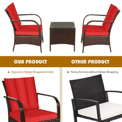 3 Piece Patio Rattan Conversation Set, 2 Chairs Rated Around 360 lb with Rattan Wrapped Armrests, Red Cushions and Glass Top Table