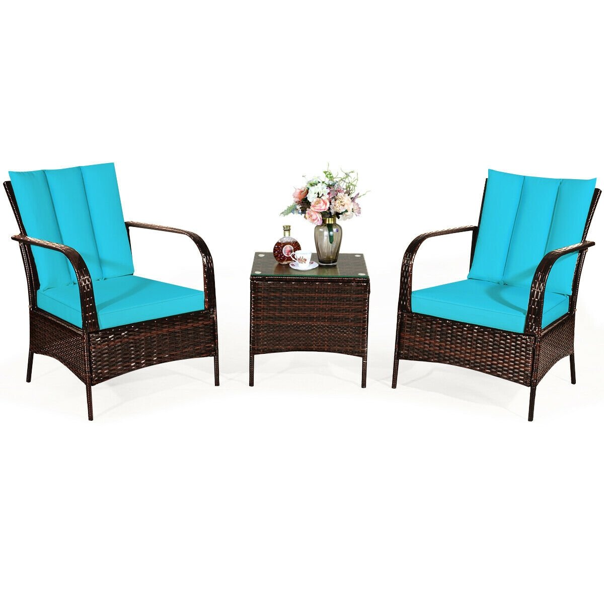 3 Piece Patio Rattan Conversation Set, 2 Chairs Rated Around 360 lb with Rattan Wrapped Armrests, Turquoise Cushions and Glass Top Table