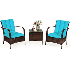 3 Piece Patio Rattan Conversation Set, 2 Chairs Rated Around 360 lb with Rattan Wrapped Armrests, Turquoise Cushions and Glass Top Table