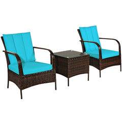 3 Piece Patio Rattan Conversation Set, 2 Chairs Rated Around 360 lb with Rattan Wrapped Armrests, Turquoise Cushions and Glass Top Table