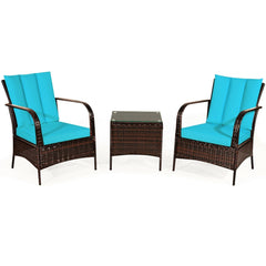 3 Piece Patio Rattan Conversation Set, 2 Chairs Rated Around 360 lb with Rattan Wrapped Armrests, Turquoise Cushions and Glass Top Table