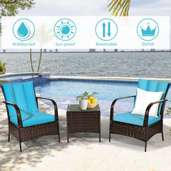 3 Piece Patio Rattan Conversation Set, 2 Chairs Rated Around 360 lb with Rattan Wrapped Armrests, Turquoise Cushions and Glass Top Table