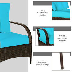 3 Piece Patio Rattan Conversation Set, 2 Chairs Rated Around 360 lb with Rattan Wrapped Armrests, Turquoise Cushions and Glass Top Table