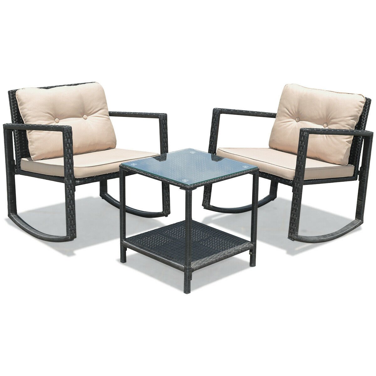 3 Piece Patio Wicker Rocking Chair Set, 2 Black Wicker Rockers Rated 360 lb with Beige Cushions and a Glass Top Table with Shelf