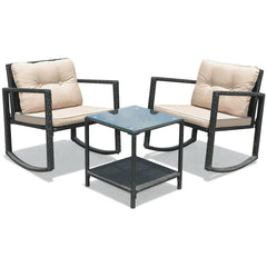 3 Piece Patio Wicker Rocking Chair Set, 2 Black Wicker Rockers Rated 360 lb with Beige Cushions and a Glass Top Table with Shelf