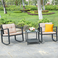 3 Piece Patio Wicker Rocking Chair Set, 2 Black Wicker Rockers Rated 360 lb with Beige Cushions and a Glass Top Table with Shelf