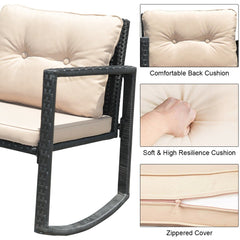 3 Piece Patio Wicker Rocking Chair Set, 2 Black Wicker Rockers Rated 360 lb with Beige Cushions and a Glass Top Table with Shelf