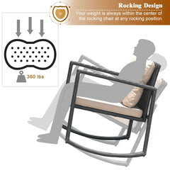 3 Piece Patio Wicker Rocking Chair Set, 2 Black Wicker Rockers Rated 360 lb with Beige Cushions and a Glass Top Table with Shelf