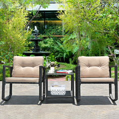 3 Piece Patio Wicker Rocking Chair Set, 2 Black Wicker Rockers Rated 360 lb with Beige Cushions and a Glass Top Table with Shelf