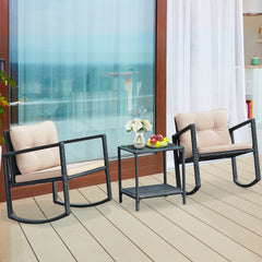 3 Piece Patio Wicker Rocking Chair Set, 2 Black Wicker Rockers Rated 360 lb with Beige Cushions and a Glass Top Table with Shelf