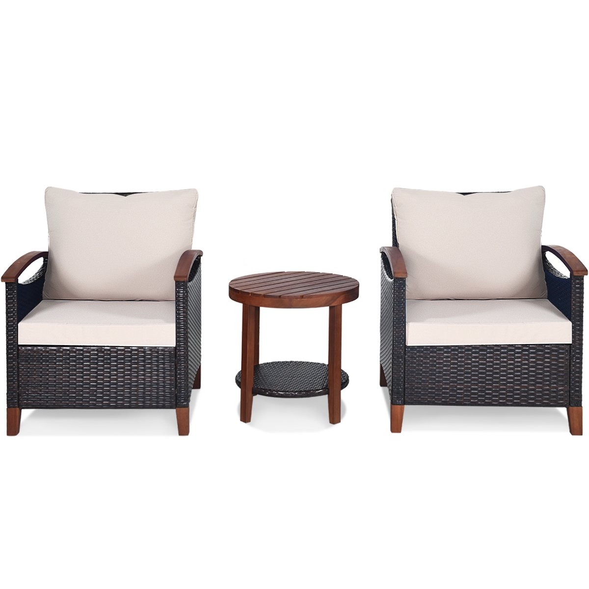 3 Piece Patio Wicker Set with Acacia Wood Arms, 2 Chairs Rated 360 lb with Beige Cushions and a Two Tier Round Acacia Table