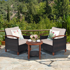 3 Piece Patio Wicker Set with Acacia Wood Arms, 2 Chairs Rated 360 lb with Beige Cushions and a Two Tier Round Acacia Table