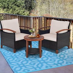 3 Piece Patio Wicker Set with Acacia Wood Arms, 2 Chairs Rated 360 lb with Beige Cushions and a Two Tier Round Acacia Table