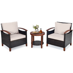 3 Piece Patio Wicker Set with Acacia Wood Arms, 2 Chairs Rated 360 lb with Beige Cushions and a Two Tier Round Acacia Table