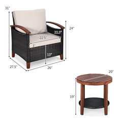 3 Piece Patio Wicker Set with Acacia Wood Arms, 2 Chairs Rated 360 lb with Beige Cushions and a Two Tier Round Acacia Table
