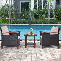 3 Piece Patio Wicker Set with Acacia Wood Arms, 2 Chairs Rated 360 lb with Beige Cushions and a Two Tier Round Acacia Table