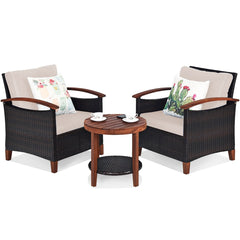 3 Piece Patio Wicker Set with Acacia Wood Arms, 2 Chairs Rated 360 lb with Beige Cushions and a Two Tier Round Acacia Table