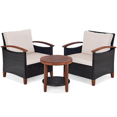 3 Piece Patio Wicker Set with Acacia Wood Arms, 2 Chairs Rated 360 lb with Beige Cushions and a Two Tier Round Acacia Table