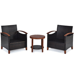 3 Piece Patio Wicker Set with Acacia Wood Arms, 2 Chairs Rated 360 lb with Beige Cushions and a Two Tier Round Acacia Table