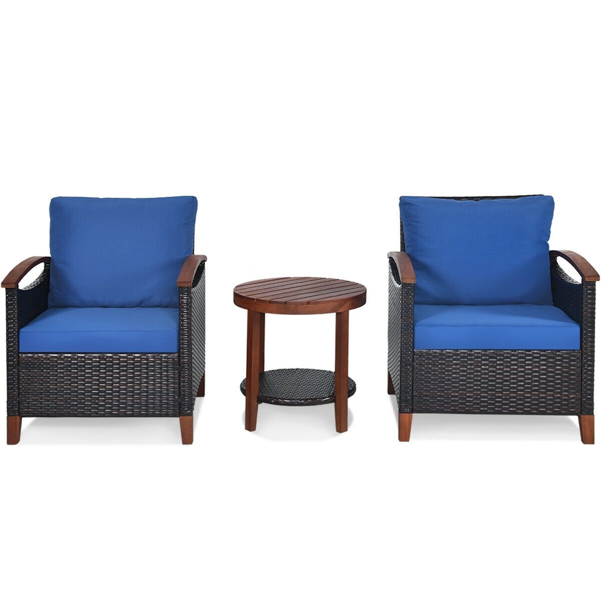 3 Piece Patio Rattan Set with Acacia Wood Arms and Legs, 2 Chairs Rated 360 lb with Blue Cushions and 2 Tier Round Table