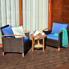 3 Piece Patio Rattan Set with Acacia Wood Arms and Legs, 2 Chairs Rated 360 lb with Blue Cushions and 2 Tier Round Table
